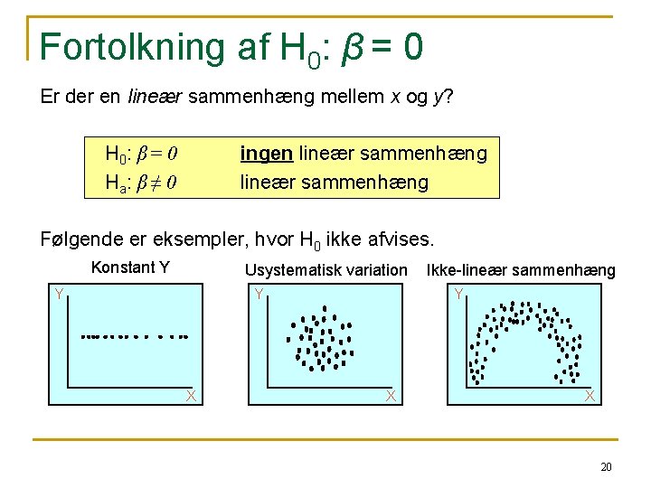 Fortolkning af H 0: β = 0 Er der en lineær sammenhæng mellem x