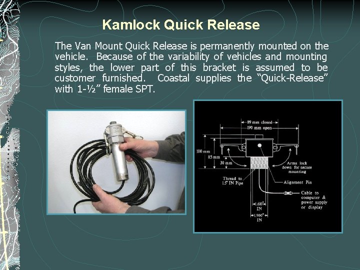 Kamlock Quick Release The Van Mount Quick Release is permanently mounted on the vehicle. Kamlock Quick Release The Van Mount Quick Release is permanently mounted on the vehicle.
