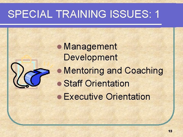 SPECIAL TRAINING ISSUES: 1 l Management Development l Mentoring and Coaching l Staff Orientation