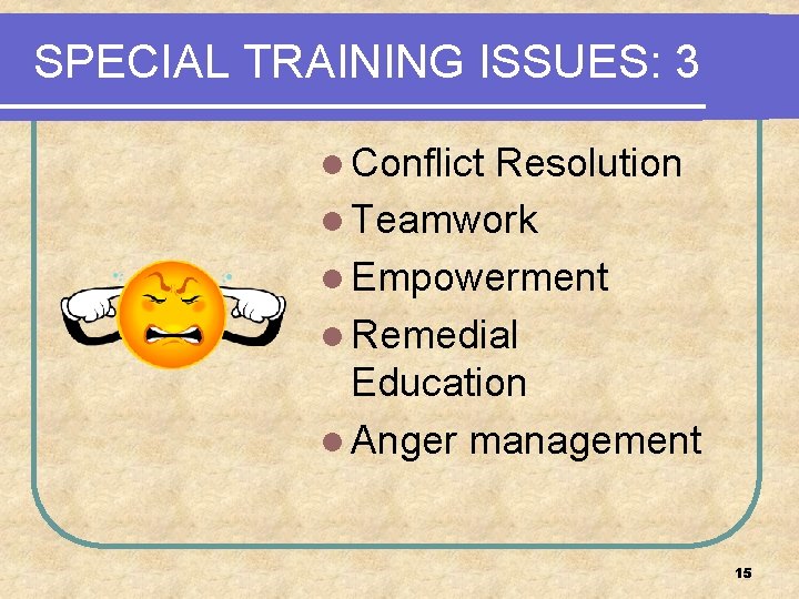 SPECIAL TRAINING ISSUES: 3 l Conflict Resolution l Teamwork l Empowerment l Remedial Education