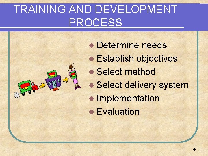 TRAINING AND DEVELOPMENT PROCESS l Determine needs l Establish objectives l Select method l