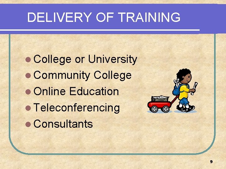 DELIVERY OF TRAINING l College or University l Community College l Online Education l