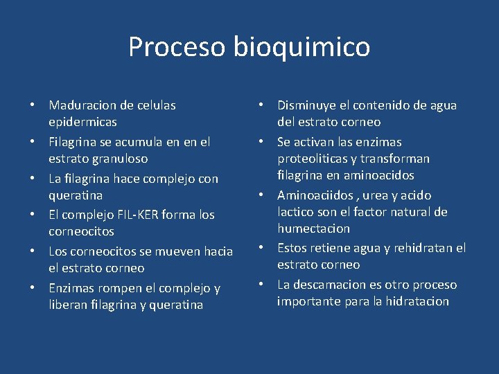 Proceso bioquimico • Maduracion de celulas epidermicas • Filagrina se acumula en en el
