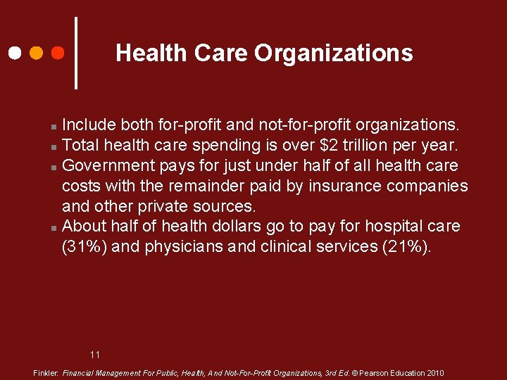 Health Care Organizations Include both for-profit and not-for-profit organizations. n Total health care spending