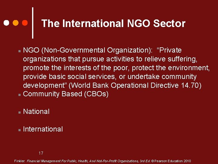 The International NGO Sector NGO (Non-Governmental Organization): “Private organizations that pursue activities to relieve