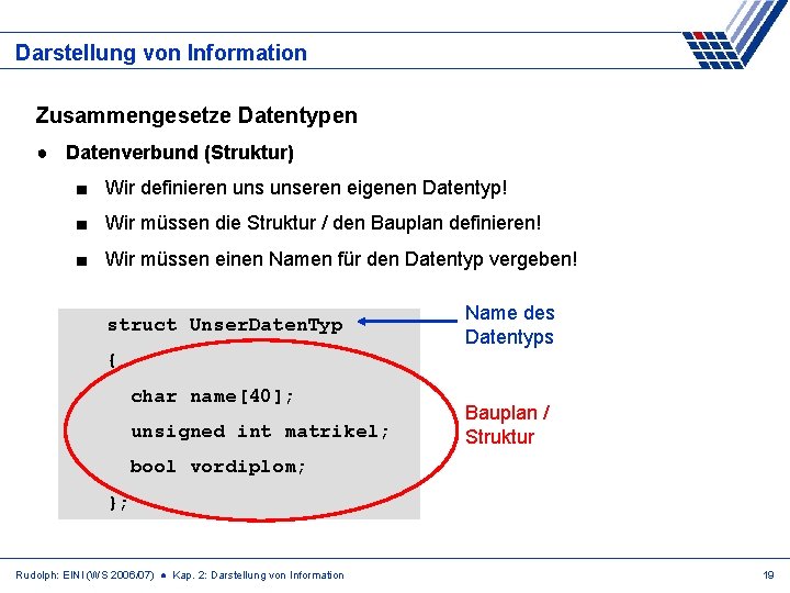 Darstellung von Information Zusammengesetze Datentypen ● Datenverbund (Struktur) ■ Wir definieren unseren eigenen Datentyp!