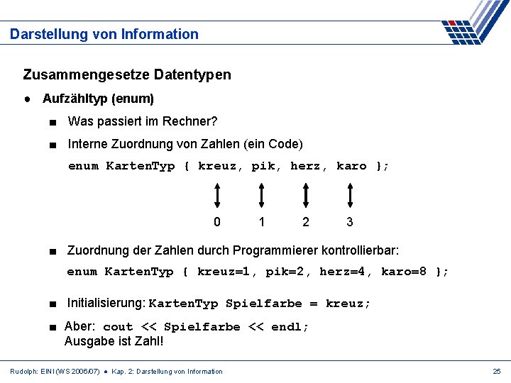 Darstellung von Information Zusammengesetze Datentypen ● Aufzähltyp (enum) ■ Was passiert im Rechner? ■