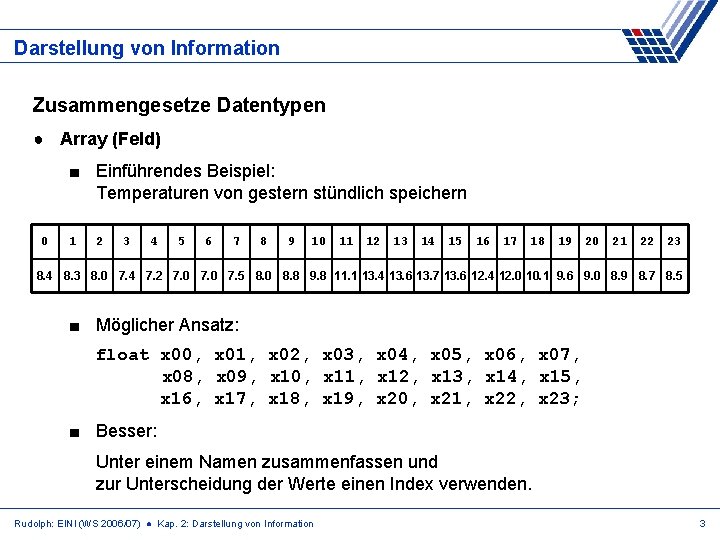 Darstellung von Information Zusammengesetze Datentypen ● Array (Feld) ■ Einführendes Beispiel: Temperaturen von gestern