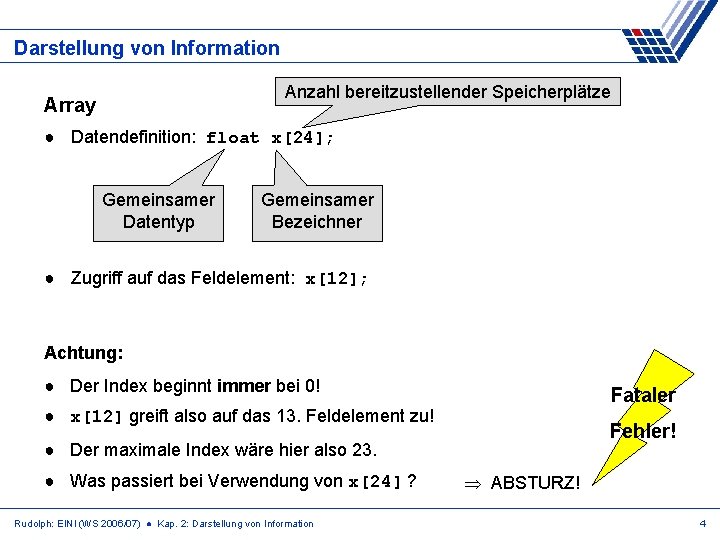 Darstellung von Information Anzahl bereitzustellender Speicherplätze Array ● Datendefinition: float x[24]; Gemeinsamer Datentyp Gemeinsamer