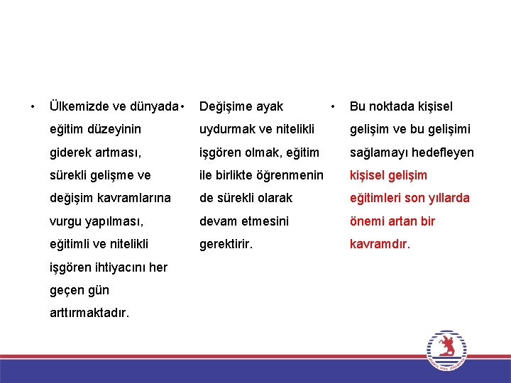  • Ülkemizde ve dünyada • Değişime ayak eğitim düzeyinin uydurmak ve nitelikli gelişim