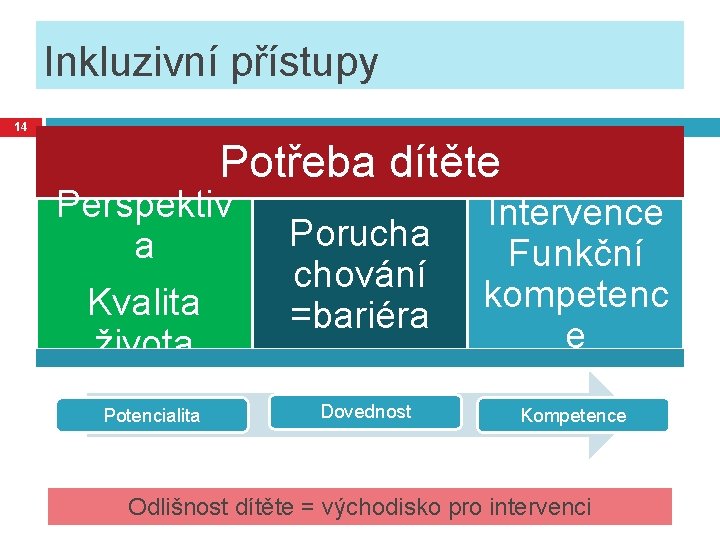 Inkluzivní přístupy 14 Potřeba dítěte Perspektiv a Kvalita života Potencialita Porucha chování =bariéra Intervence