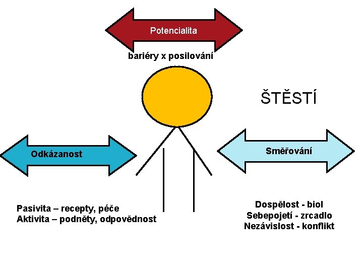 Potencialita bariéry x posilování ŠTĚSTÍ Odkázanost Pasivita – recepty, péče Aktivita – podněty, odpovědnost