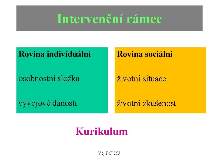 Intervenční rámec Rovina individuální Rovina sociální osobnostní složka životní situace vývojové danosti životní zkušenost