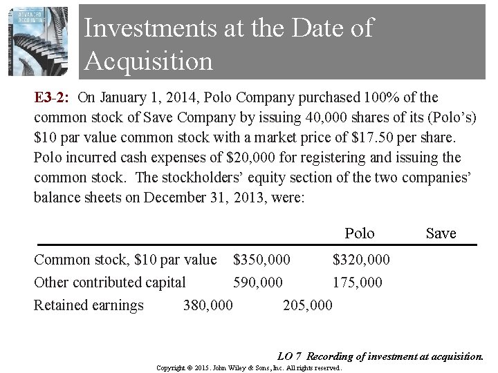 Investments at the Date of Acquisition E 3 -2: On January 1, 2014, Polo