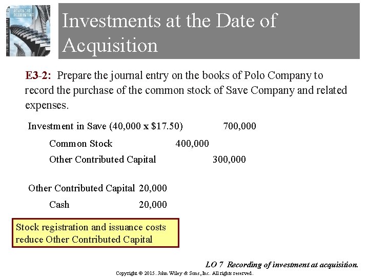 Investments at the Date of Acquisition E 3 -2: Prepare the journal entry on
