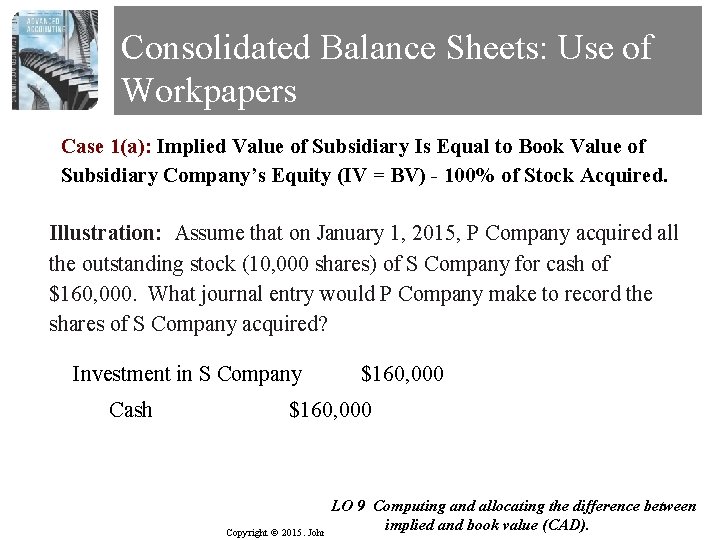 Consolidated Balance Sheets: Use of Workpapers Case 1(a): Implied Value of Subsidiary Is Equal