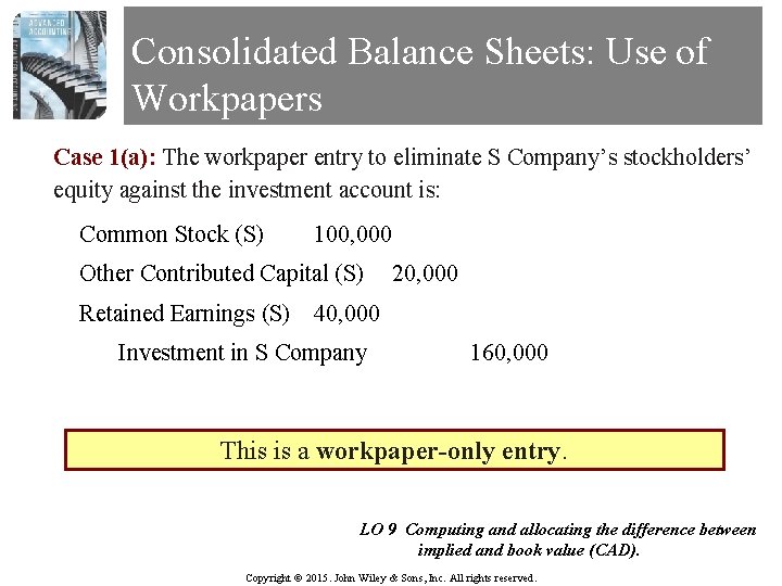 Consolidated Balance Sheets: Use of Workpapers Case 1(a): The workpaper entry to eliminate S