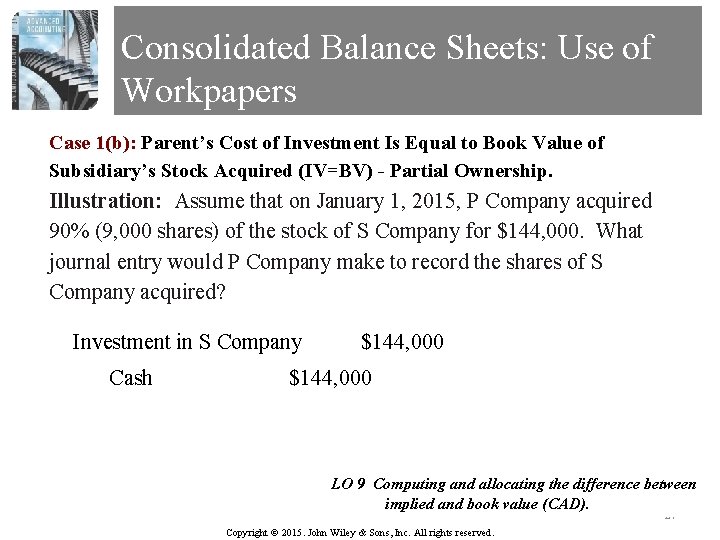 Consolidated Balance Sheets: Use of Workpapers Case 1(b): Parent’s Cost of Investment Is Equal