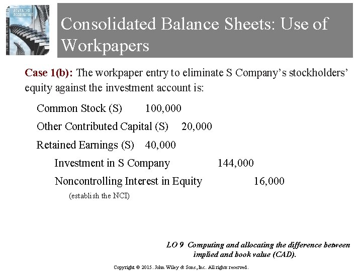 Consolidated Balance Sheets: Use of Workpapers Case 1(b): The workpaper entry to eliminate S