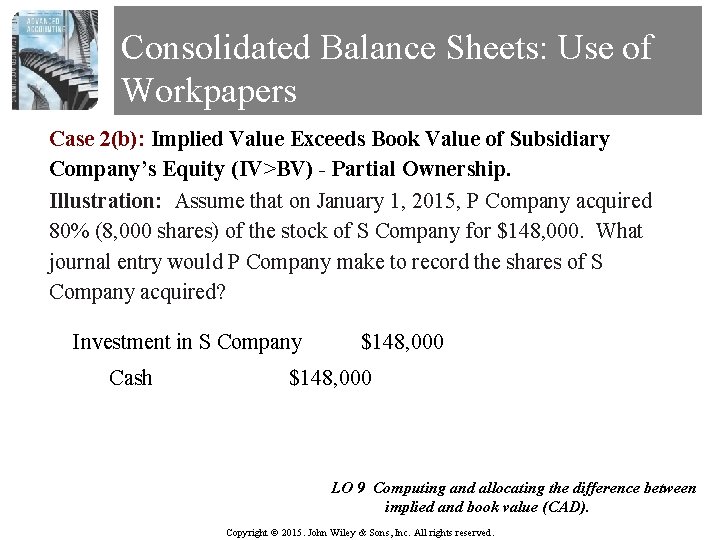 Consolidated Balance Sheets: Use of Workpapers Case 2(b): Implied Value Exceeds Book Value of