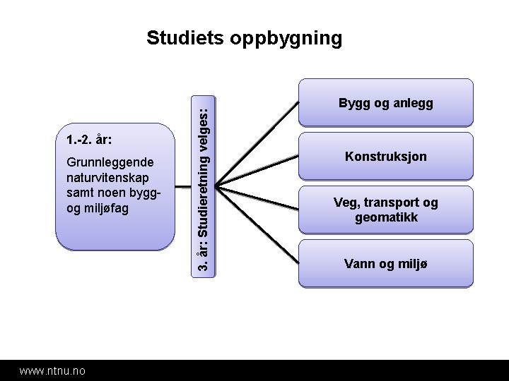 1. -2. år: Grunnleggende naturvitenskap samt noen byggog miljøfag www. ntnu. no 3. år: