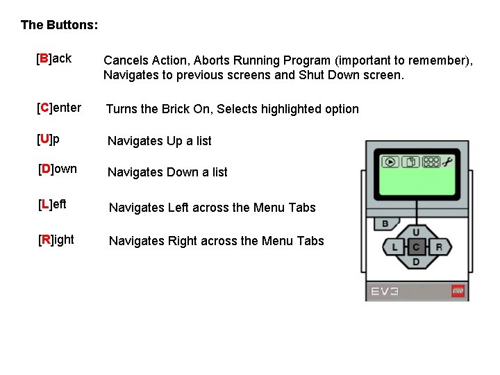 The Buttons: [B]ack Cancels Action, Aborts Running Program (important to remember), Navigates to previous