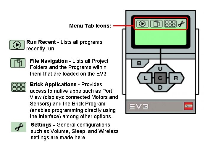 Menu Tab Icons: Run Recent - Lists all programs recently run File Navigation -