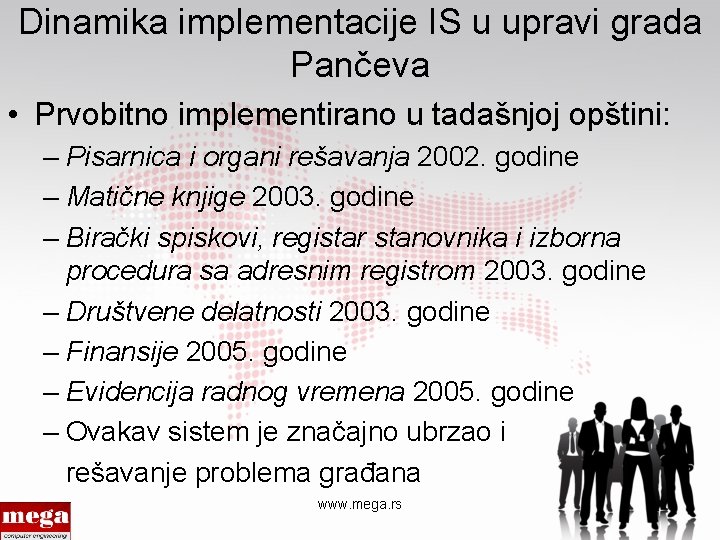 Dinamika implementacije IS u upravi grada Pančeva • Prvobitno implementirano u tadašnjoj opštini: –