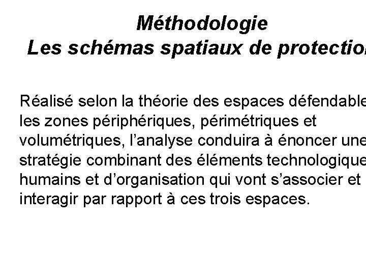 Méthodologie Les schémas spatiaux de protection Réalisé selon la théorie des espaces défendable les