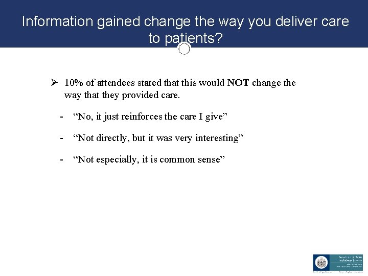Information gained change the way you deliver care to patients? Ø 10% of attendees Information gained change the way you deliver care to patients? Ø 10% of attendees