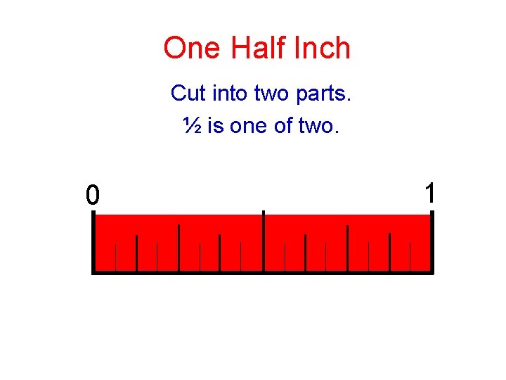 One Half Inch Cut into two parts. ½ is one of two. 0 1