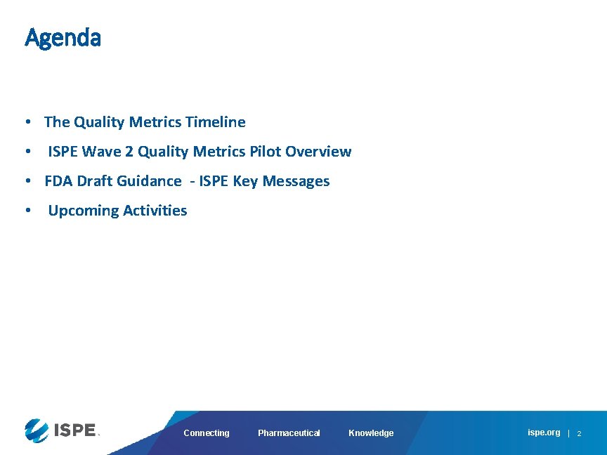 Agenda • The Quality Metrics Timeline • ISPE Wave 2 Quality Metrics Pilot Overview