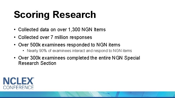 Scoring Research • Collected data on over 1, 300 NGN Items • Collected over