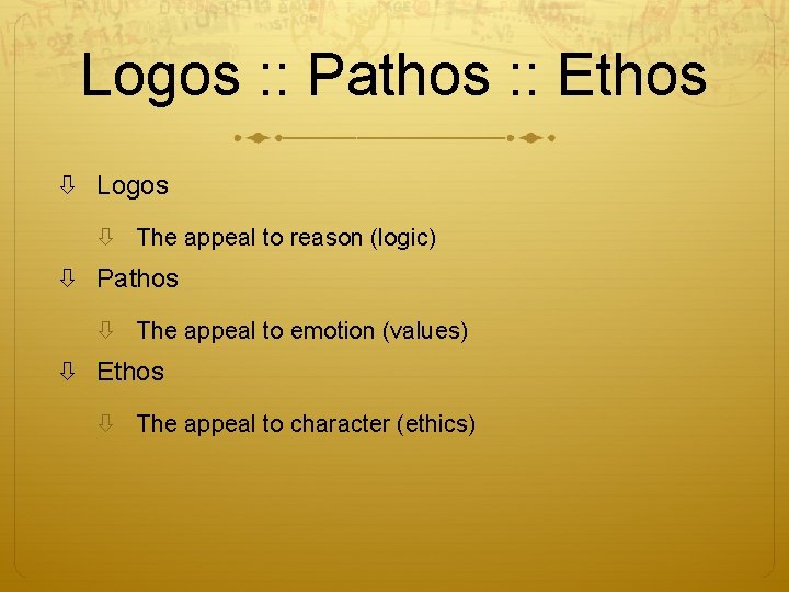 Logos : : Pathos : : Ethos Logos The appeal to reason (logic) Pathos