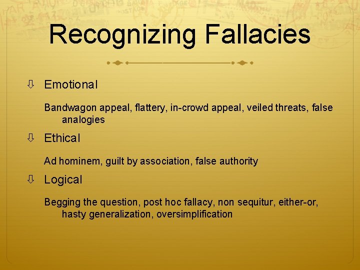 Recognizing Fallacies Emotional Bandwagon appeal, flattery, in-crowd appeal, veiled threats, false analogies Ethical Ad