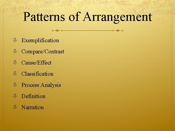 Patterns of Arrangement Exemplification Compare/Contrast Cause/Effect Classification Process Analysis Definition Narration 