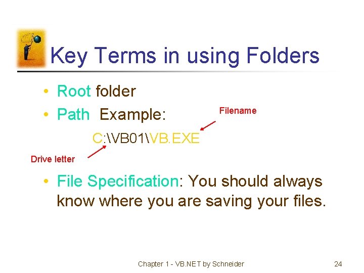 Key Terms in using Folders • Root folder • Path Example: Filename C: VB
