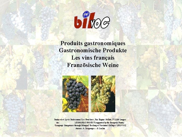 Produits gastronomiques Gastronomische Produkte Les vins français Französische Weine Produced at: Lycée Professionnel Les