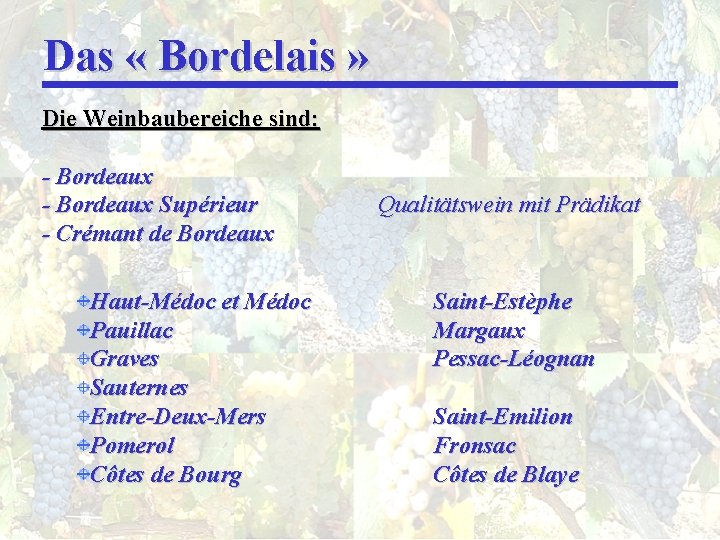 Das « Bordelais » Die Weinbaubereiche sind: - Bordeaux Supérieur - Crémant de Bordeaux