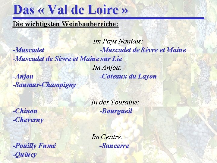 Das « Val de Loire » Die wichtigsten Weinbaubereiche: Im Pays Nantais: -Muscadet de