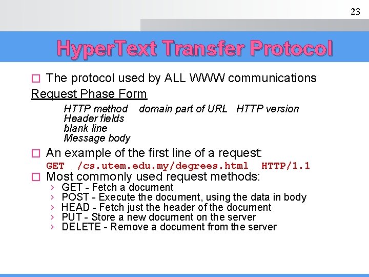 23 Hyper. Text Transfer Protocol The protocol used by ALL WWW communications Request Phase