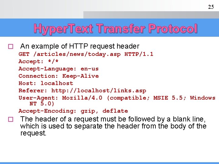 25 Hyper. Text Transfer Protocol � An example of HTTP request header GET /articles/news/today.