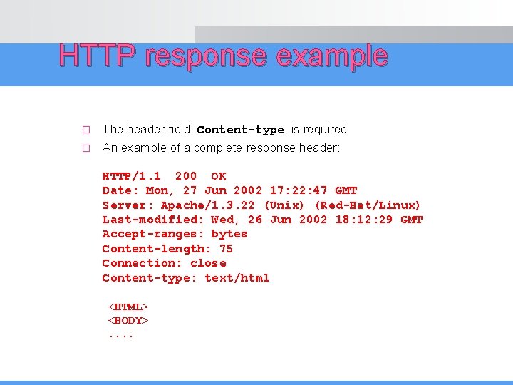 HTTP response example � The header field, Content-type, is required � An example of