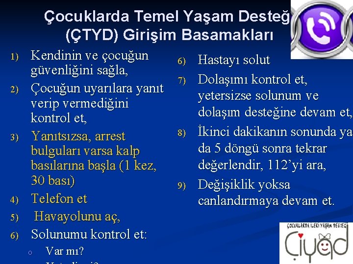 Çocuklarda Temel Yaşam Desteği (ÇTYD) Girişim Basamakları 1) 2) 3) 4) 5) 6) Kendinin