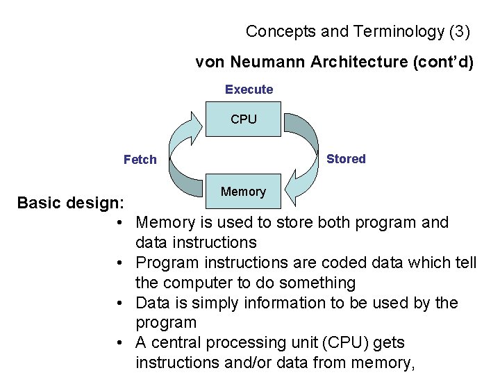 Concepts and Terminology (3) von Neumann Architecture (cont’d) Execute CPU Stored Fetch Memory Basic