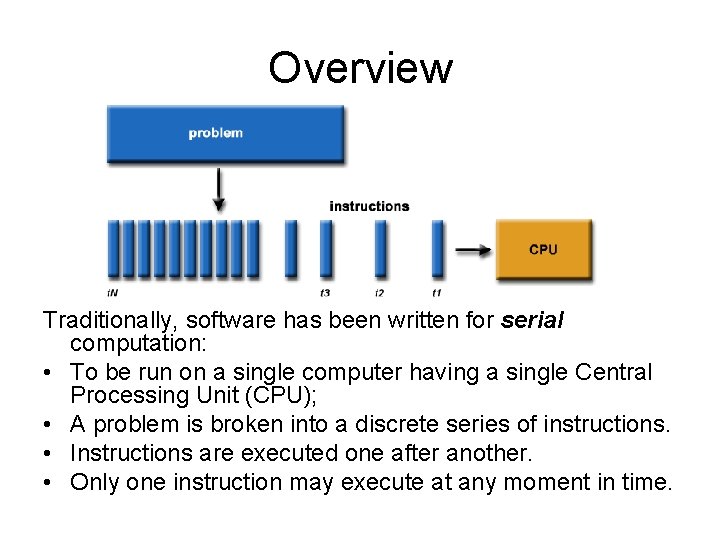 Overview Traditionally, software has been written for serial computation: • To be run on