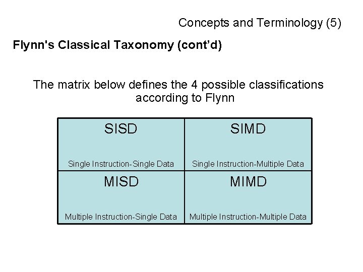 Concepts and Terminology (5) Flynn's Classical Taxonomy (cont’d) The matrix below defines the 4