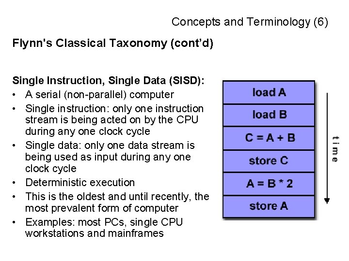 Concepts and Terminology (6) Flynn's Classical Taxonomy (cont’d) Single Instruction, Single Data (SISD): •