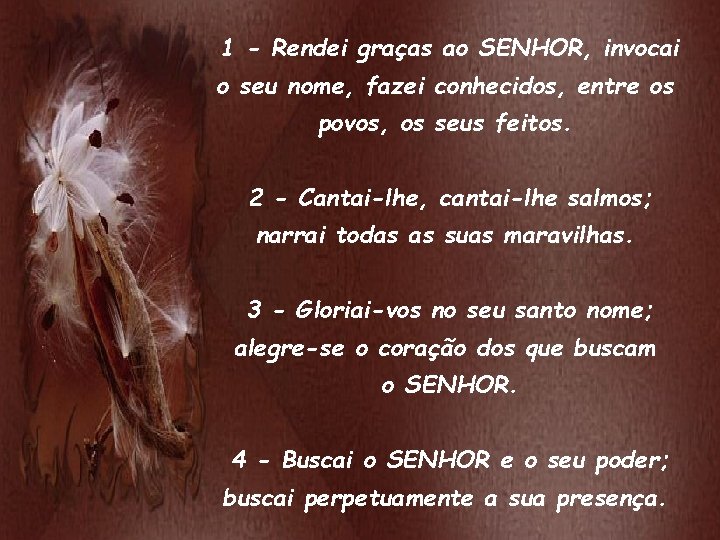 1 - Rendei graças ao SENHOR, invocai o seu nome, fazei conhecidos, entre os