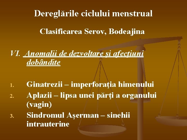 Dereglările ciclului menstrual Clasificarea Serov, Bodeajina VI. Anomalii de dezvoltare şi afecţiuni dobândite 1.